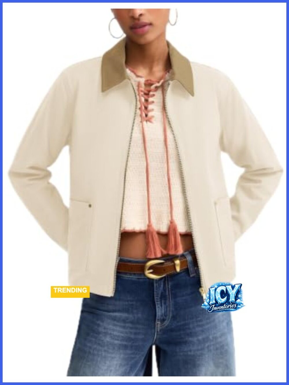 Cropped Zip Up Jacket Lightweight Women Utility Coat with Pockets